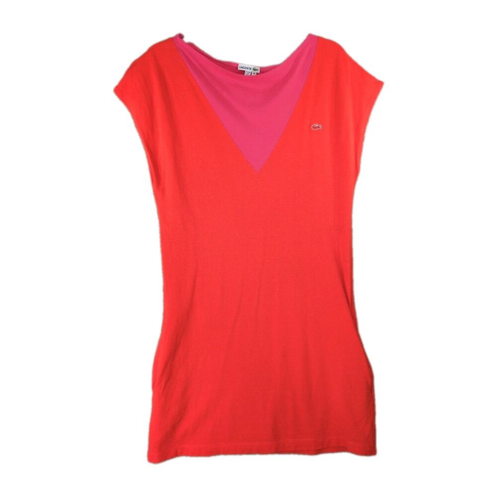 Vintage Lacoste Dress Women’s 36 Red Pink Color Block Cotton 80s Logo Cap Sleeve - Picture 1 of 9